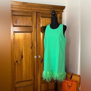 J Crew Collection shift dress with feather detail.